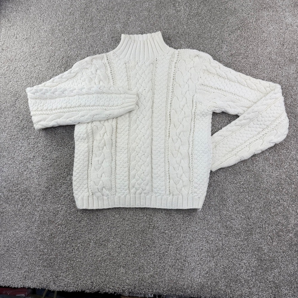 J.Crew Cable Knit Sweater Large Cream‎ Mock Neck Cotton Fisherman Runs Small